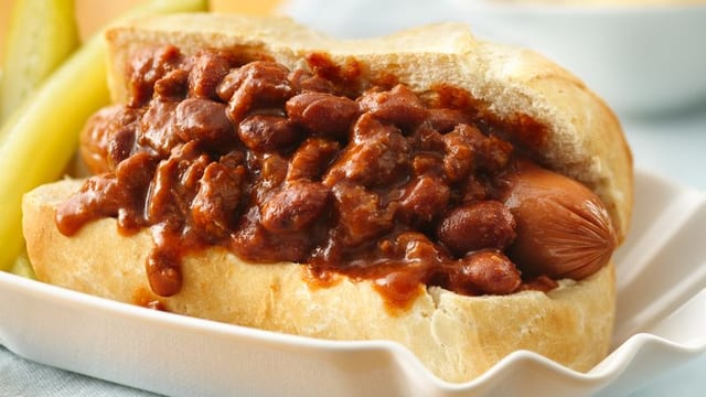 Chili Cheddar Dog with Fries.